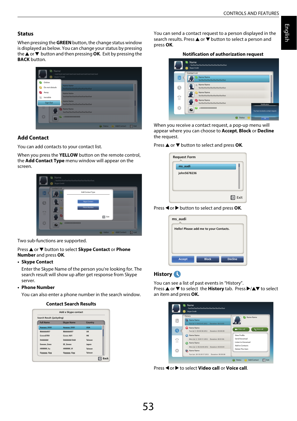 Engl ish, Status, Add contact | History, Controls and features, Contact search results, Notification of authorization request | Toshiba RL958 User Manual | Page 53 / 88