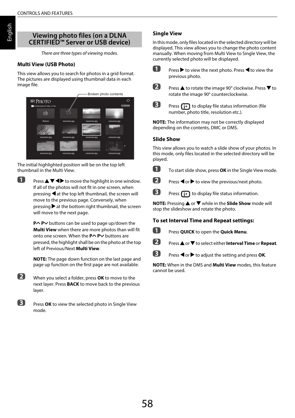 Viewing photo files, On a dlna certified™ server or usb device) | Toshiba RL958 User Manual | Page 58 / 88