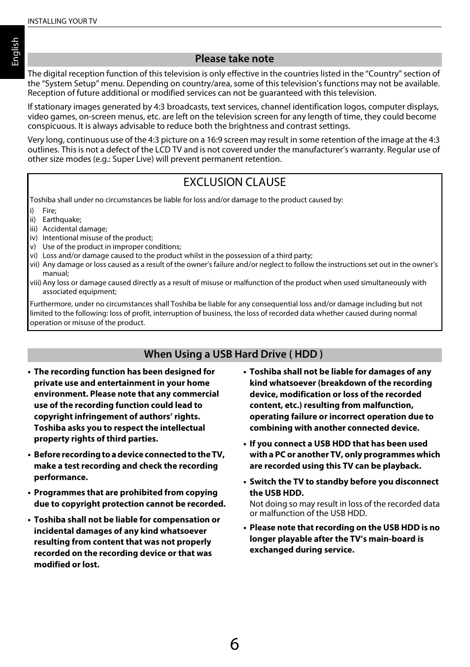 Exclusion clause, When using a usb hard drive ( hdd ) | Toshiba RL958 User Manual | Page 6 / 88