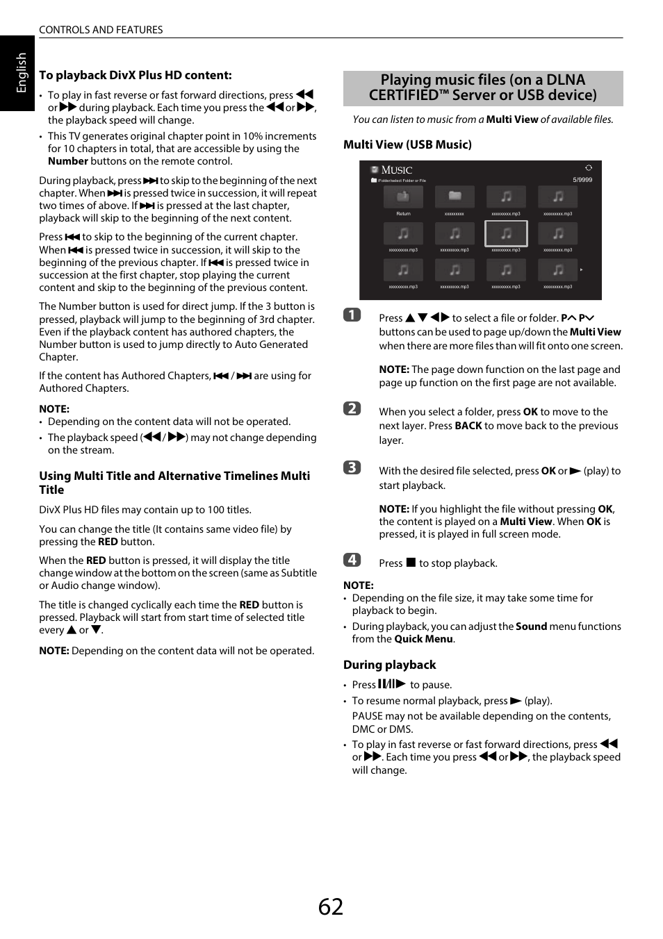 Playing music files, On a dlna certified™ server or usb device), En glis h | Toshiba RL958 User Manual | Page 62 / 88