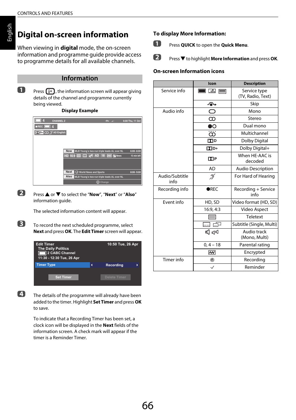 Digital on-screen information, Information, En glis h | On-screen information icons | Toshiba RL958 User Manual | Page 66 / 88