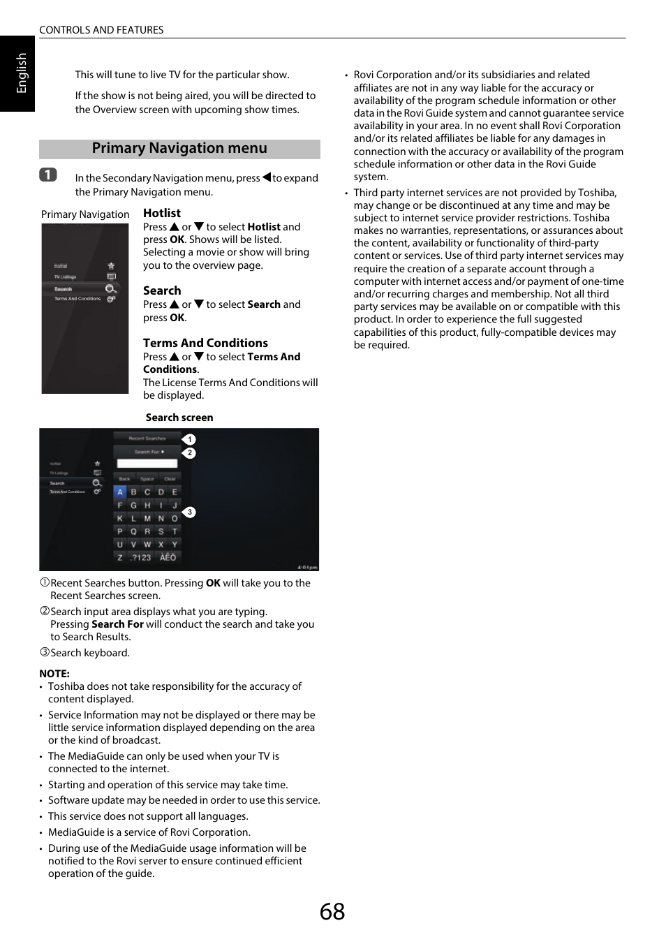 Primary navigation menu | Toshiba RL958 User Manual | Page 68 / 88