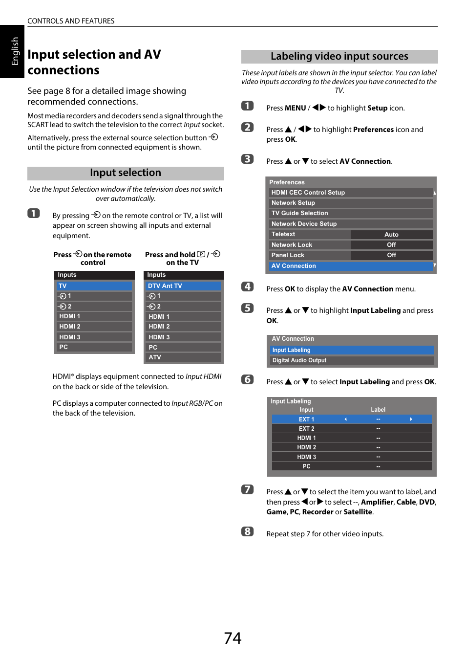 Input selection and av connections, Input selection, Labeling video input sources | Input selection labeling video input sources, En glis h | Toshiba RL958 User Manual | Page 74 / 88