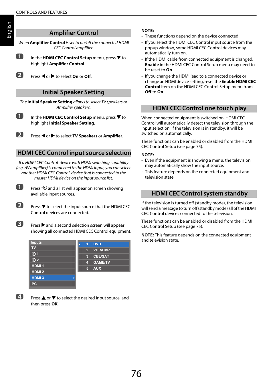 Amplifier control, Initial speaker setting, Hdmi cec control input source selection | Hdmi cec control one touch play, Hdmi cec control system standby | Toshiba RL958 User Manual | Page 76 / 88