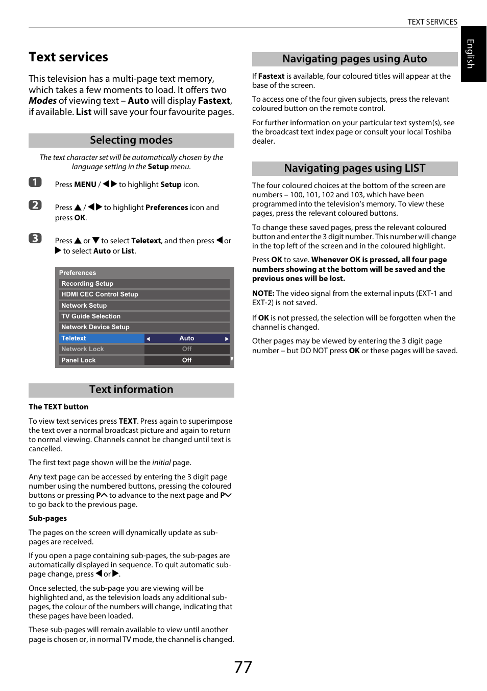 Text services, Selecting modes, Text information | Selecting modes text information | Toshiba RL958 User Manual | Page 77 / 88