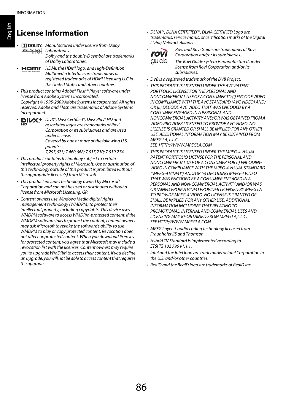 License information | Toshiba RL958 User Manual | Page 86 / 88