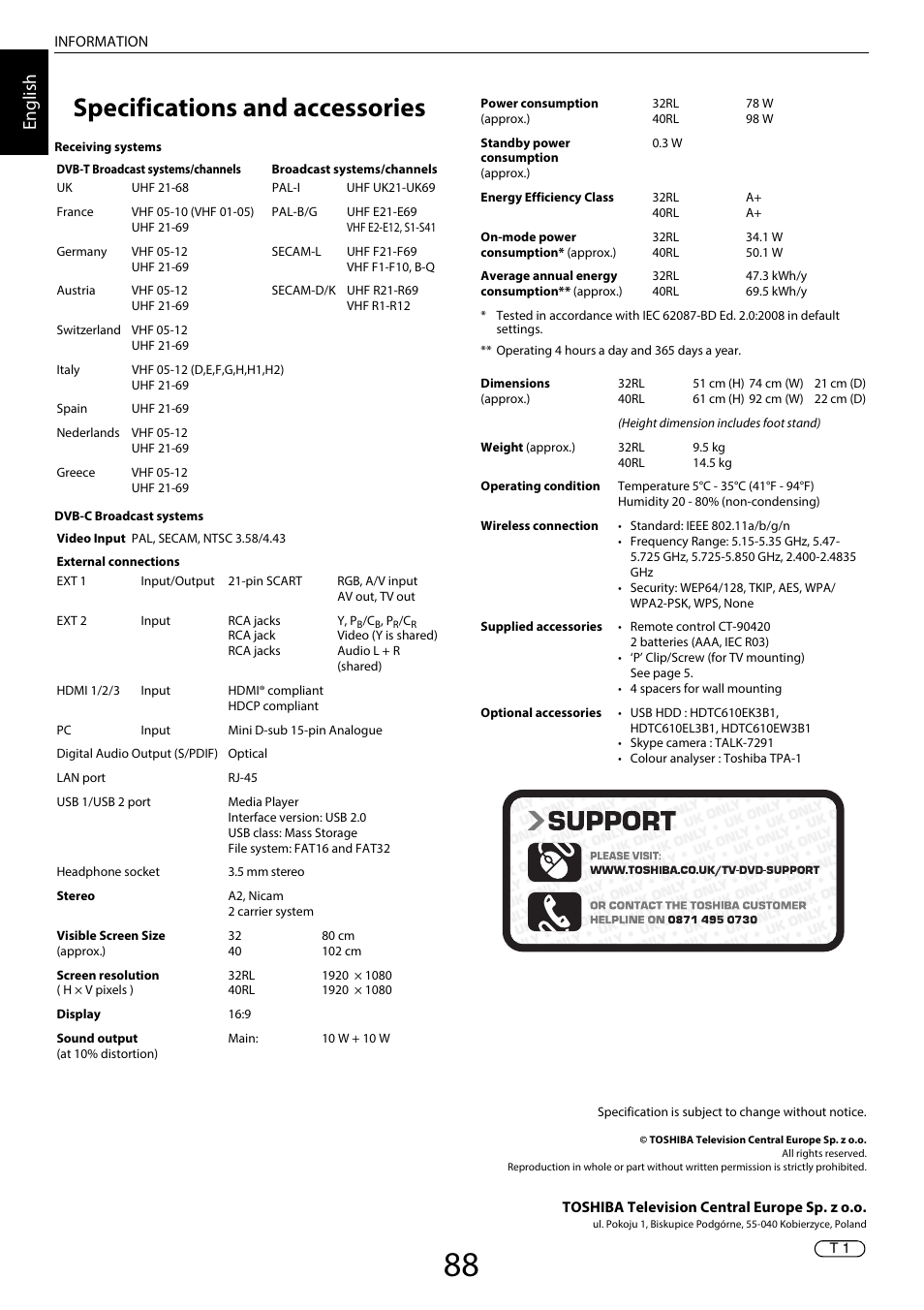 Specifications and accessories, En glis h | Toshiba RL958 User Manual | Page 88 / 88