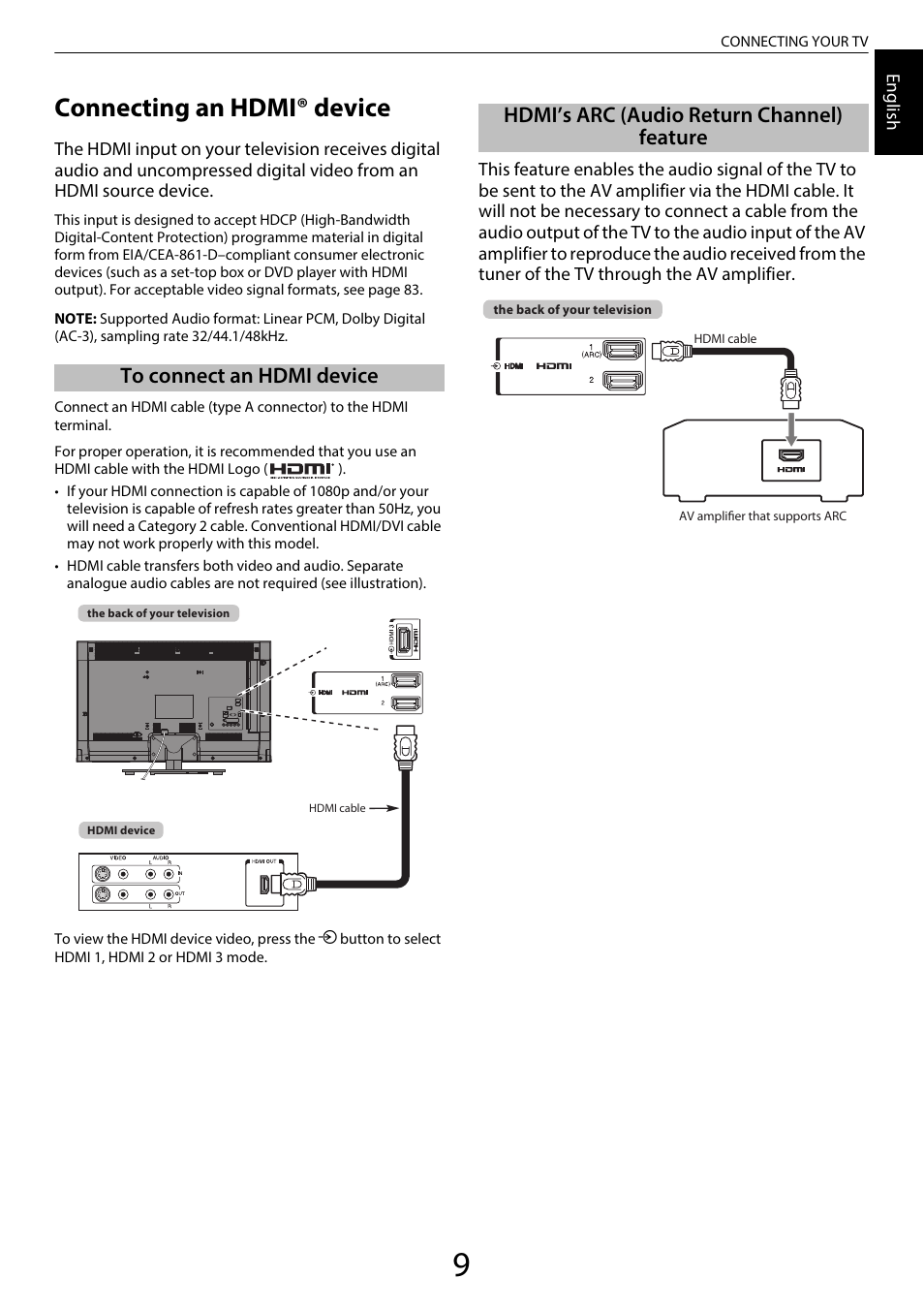 Connecting an hdmi® device, To connect an hdmi device, Hdmi’s arc (audio return channel) feature | Toshiba RL958 User Manual | Page 9 / 88