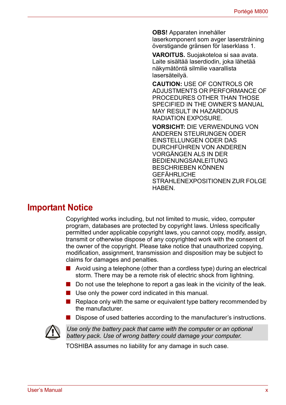 Important notice | Toshiba Portege M800 User Manual | Page 10 / 177