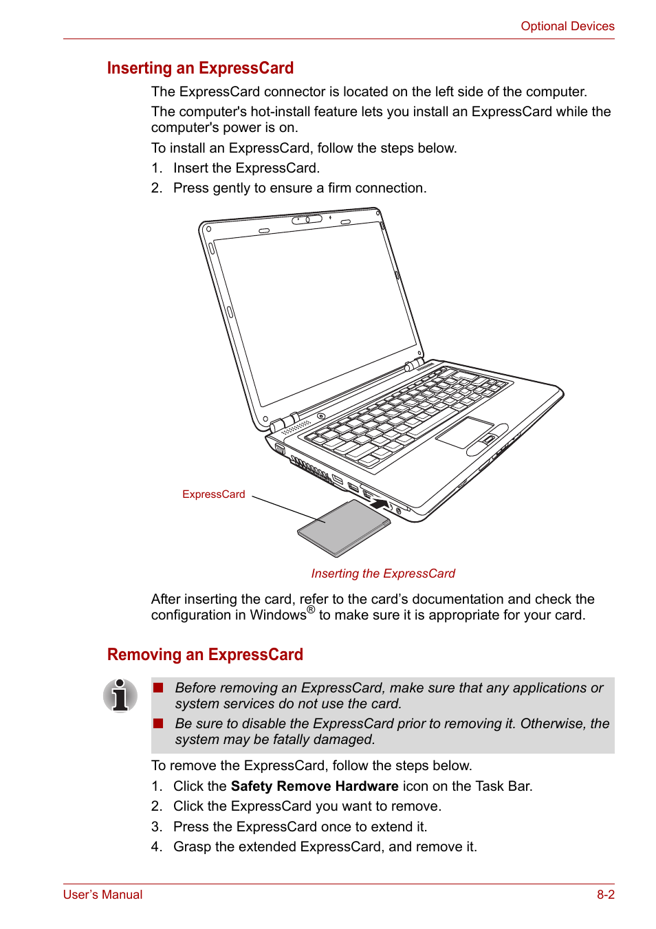 Inserting an expresscard, Removing an expresscard | Toshiba Portege M800 User Manual | Page 119 / 177