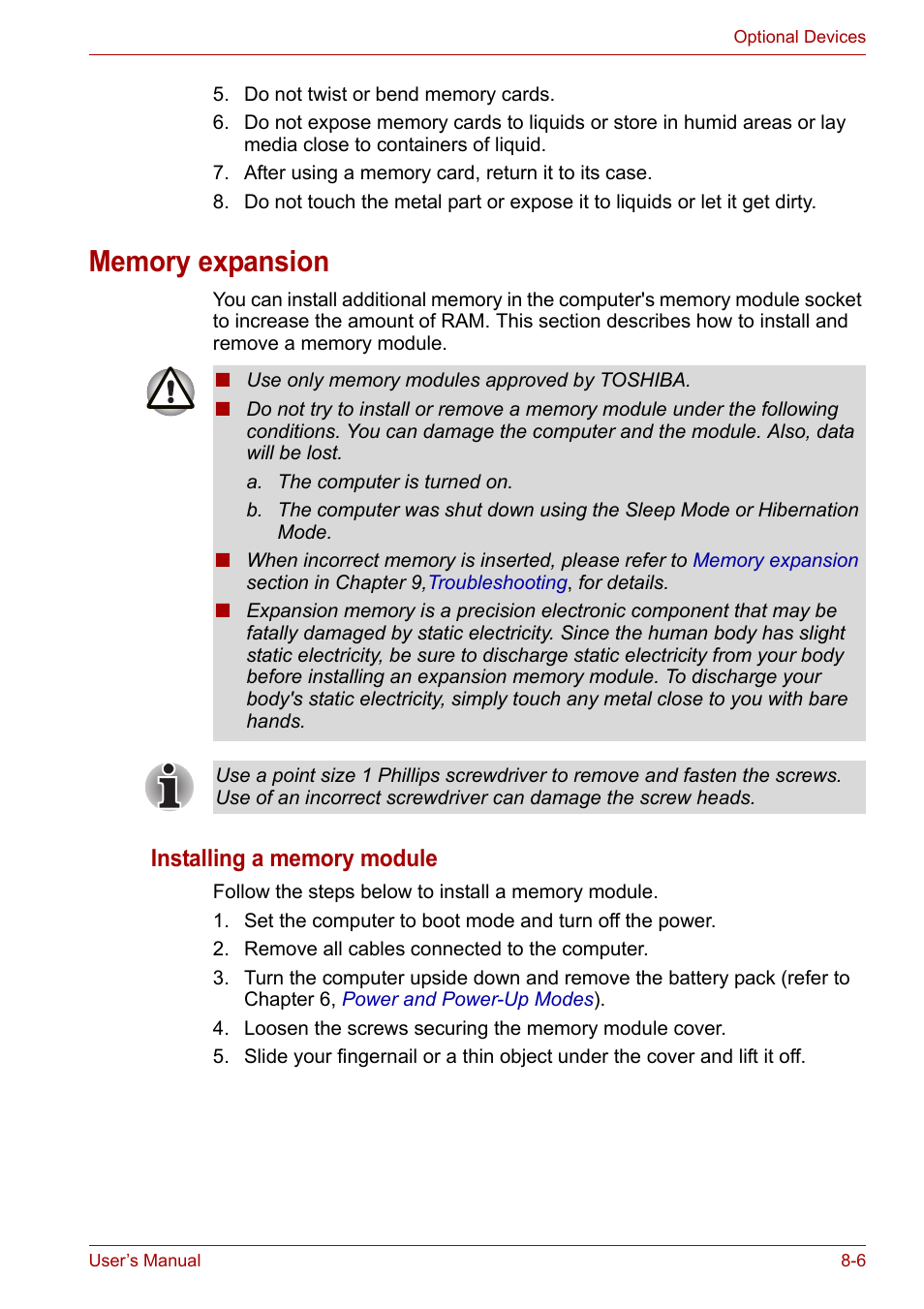 Memory expansion, Memory expansion -6 | Toshiba Portege M800 User Manual | Page 123 / 177