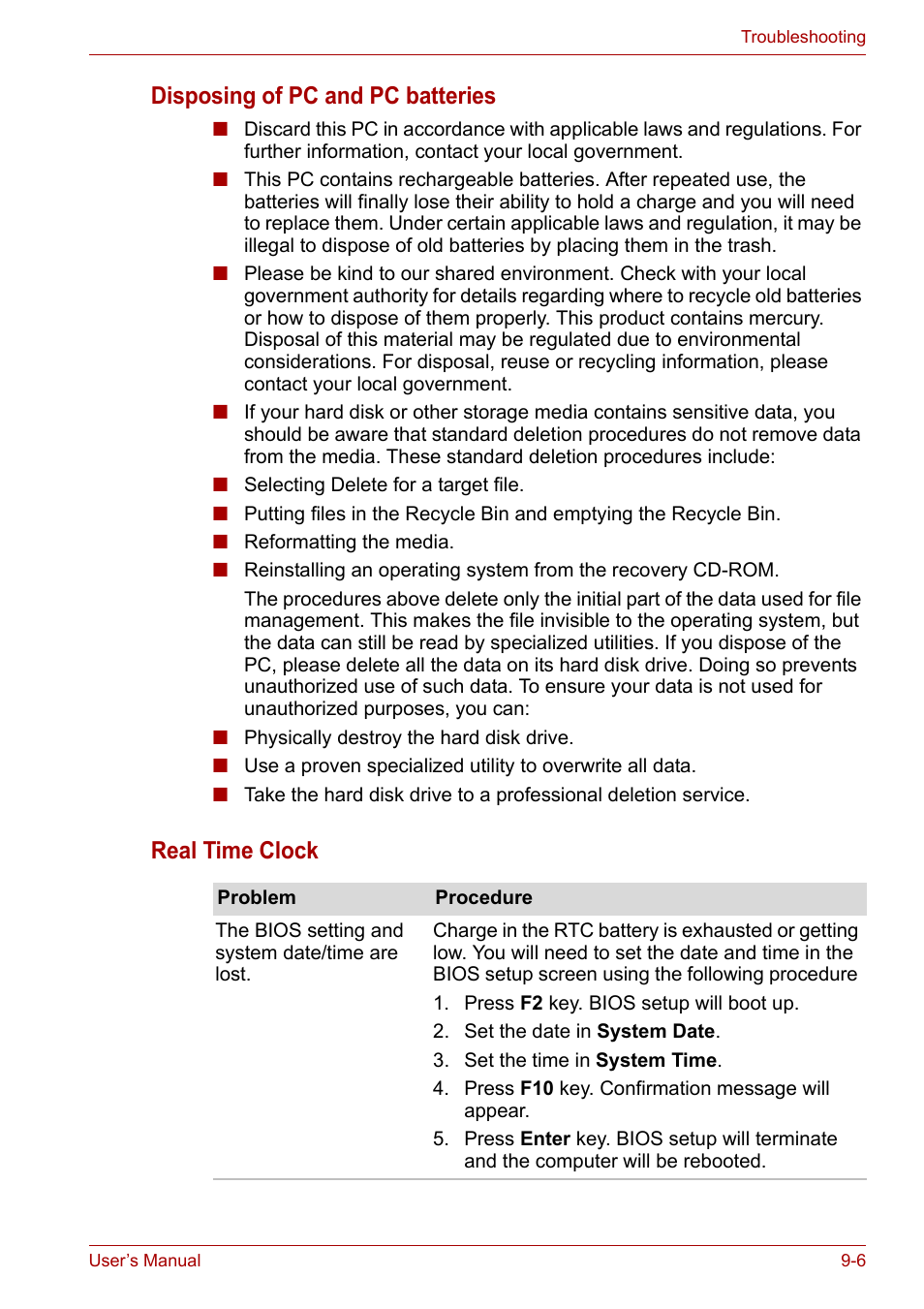 Disposing of pc and pc batteries, Real time clock | Toshiba Portege M800 User Manual | Page 136 / 177