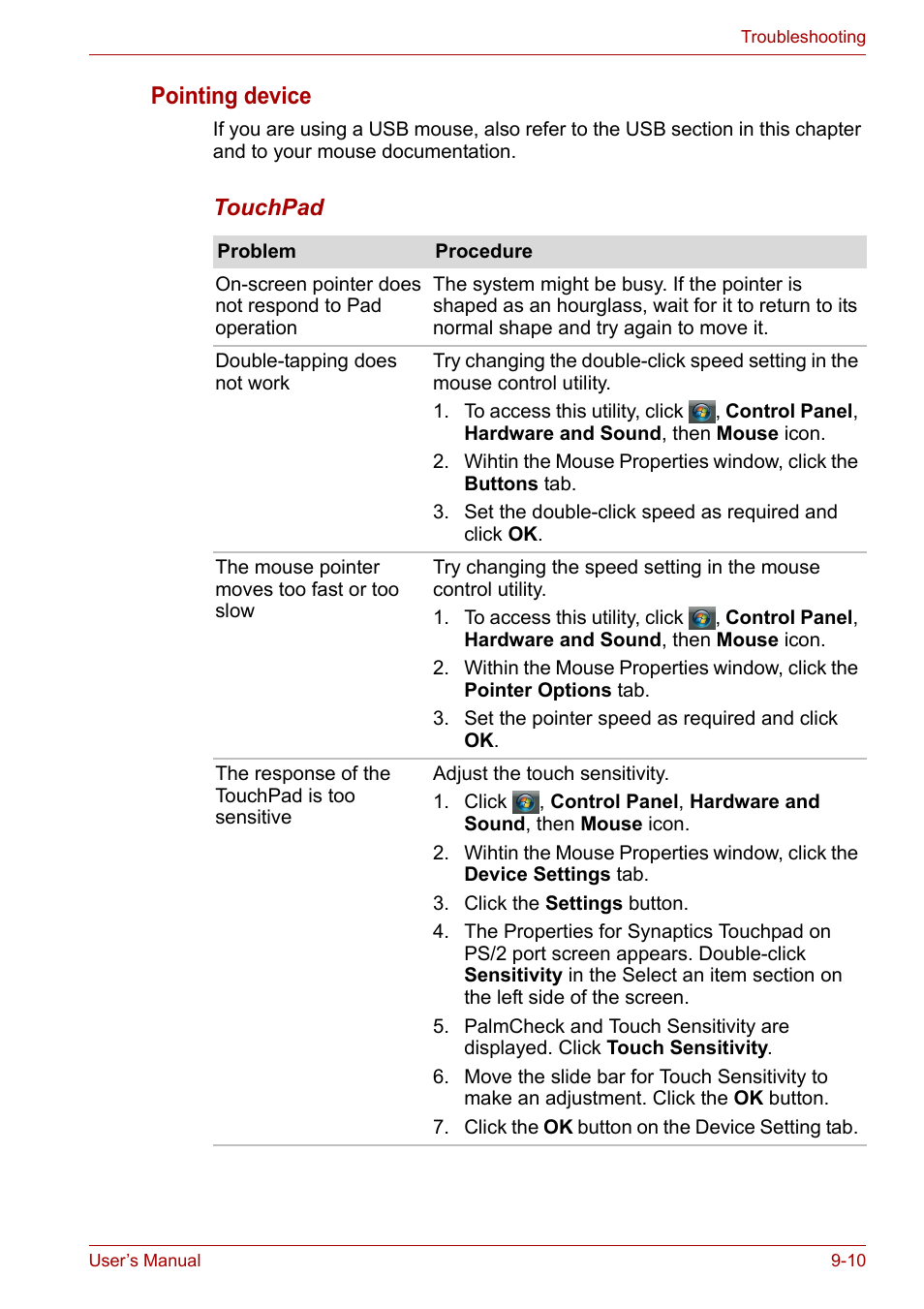 Pointing device | Toshiba Portege M800 User Manual | Page 140 / 177