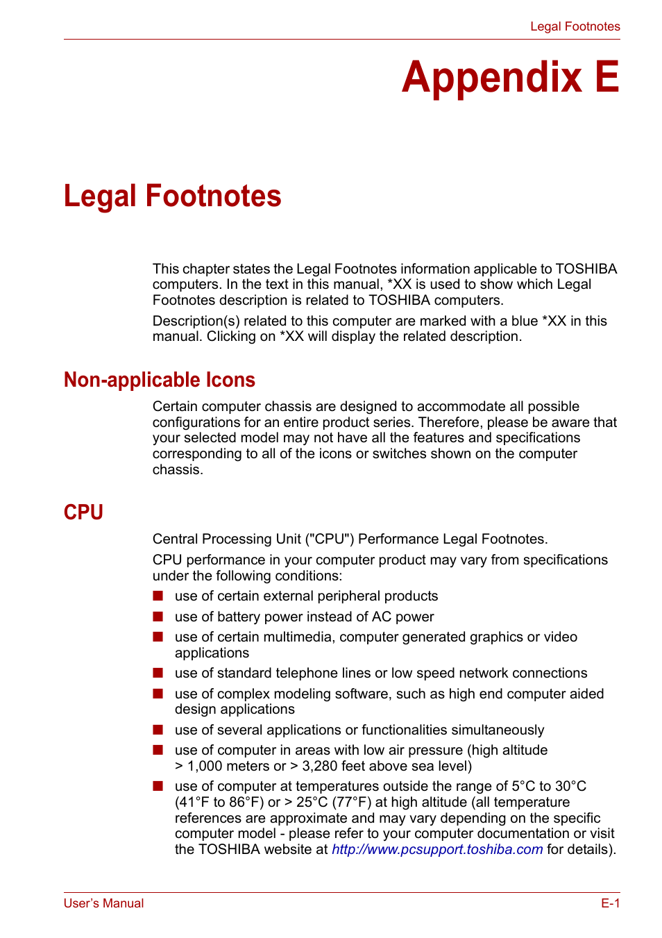 Appendix e: legal footnotes, Appendix e, Legal footnotes | Non-applicable icons | Toshiba Portege M800 User Manual | Page 157 / 177