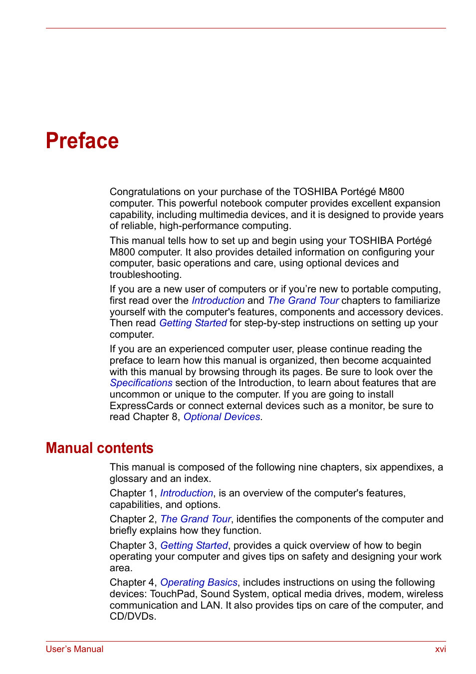 Preface, Manual contents | Toshiba Portege M800 User Manual | Page 16 / 177