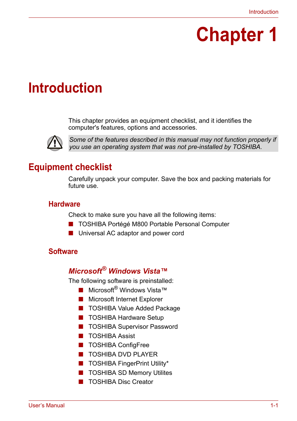 Chapter 1: introduction, Equipment checklist, Chapter 1 | Introduction, Equipment checklist -1 | Toshiba Portege M800 User Manual | Page 19 / 177