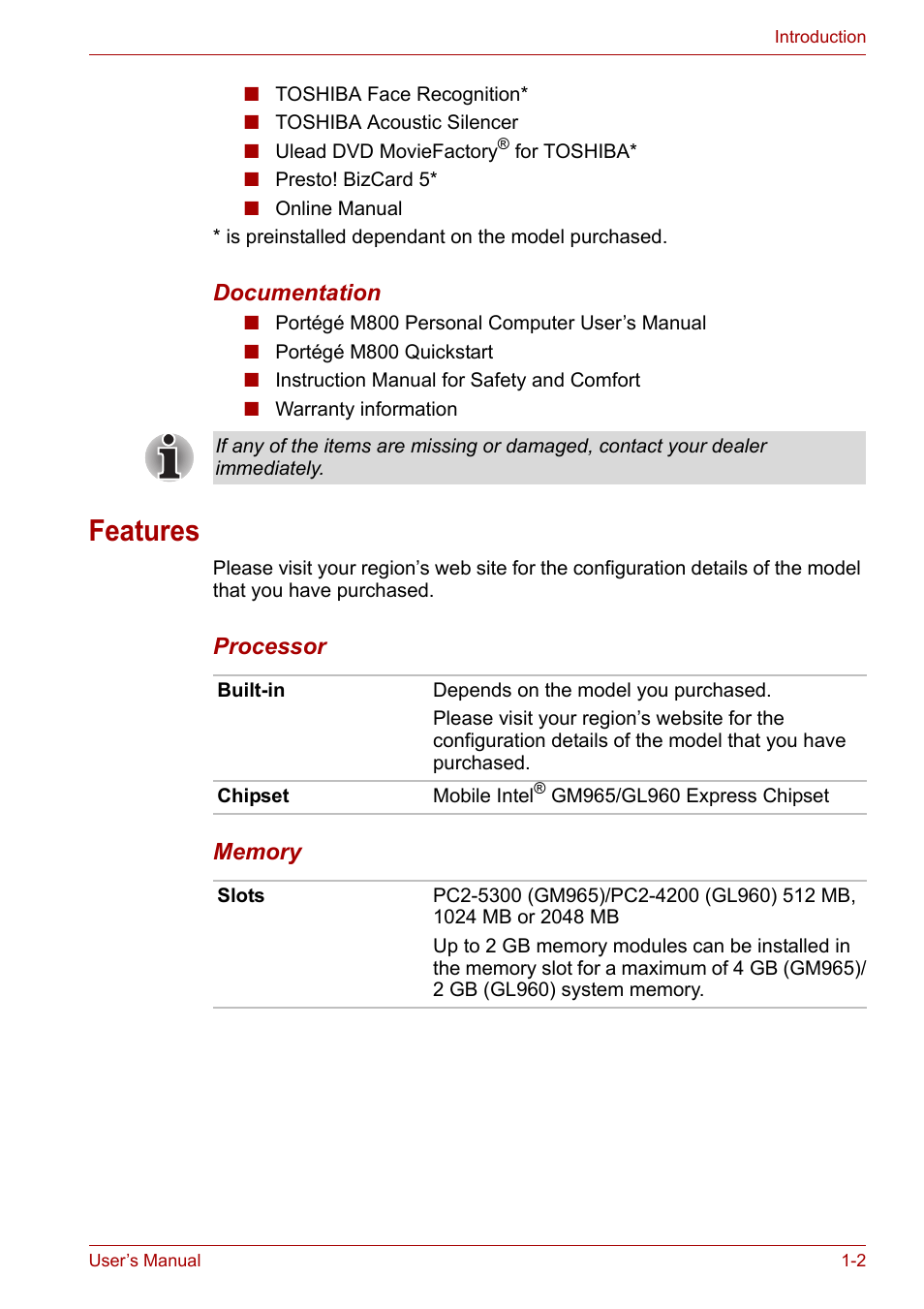 Features | Toshiba Portege M800 User Manual | Page 20 / 177