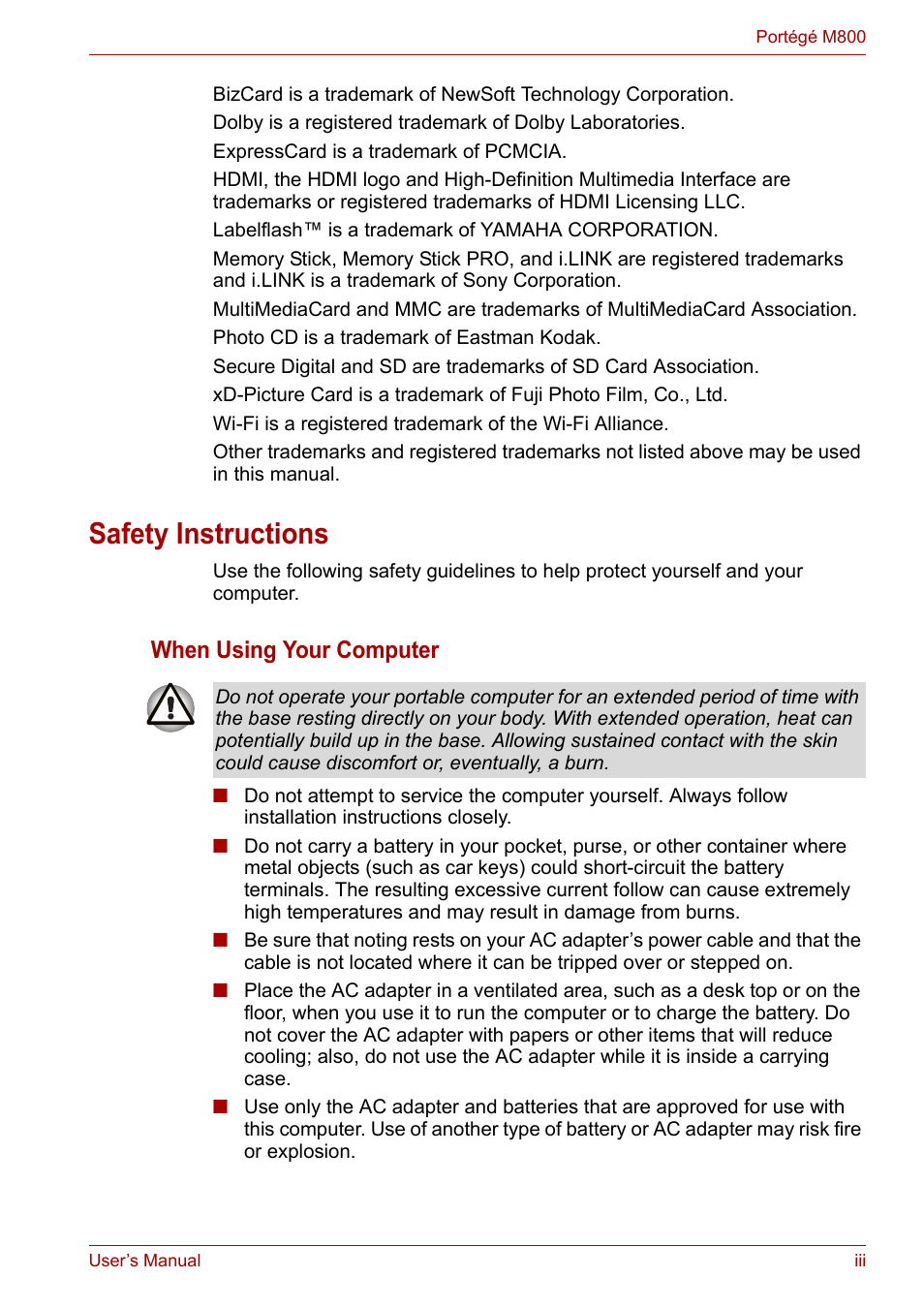 Safety instructions, When using your computer | Toshiba Portege M800 User Manual | Page 3 / 177