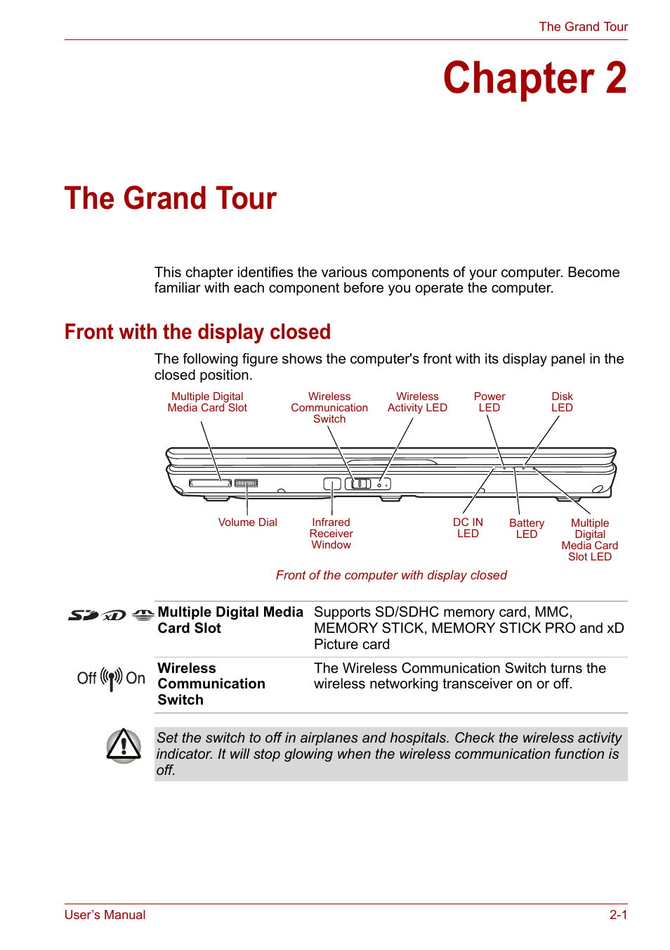 Chapter 2: the grand tour, Front with the display closed, Chapter 2 | The grand tour, Front with the display closed -1 | Toshiba Portege M800 User Manual | Page 34 / 177