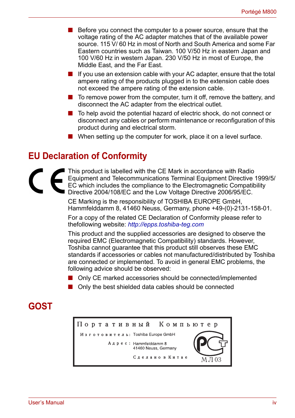 Eu declaration of conformity, Gost | Toshiba Portege M800 User Manual | Page 4 / 177