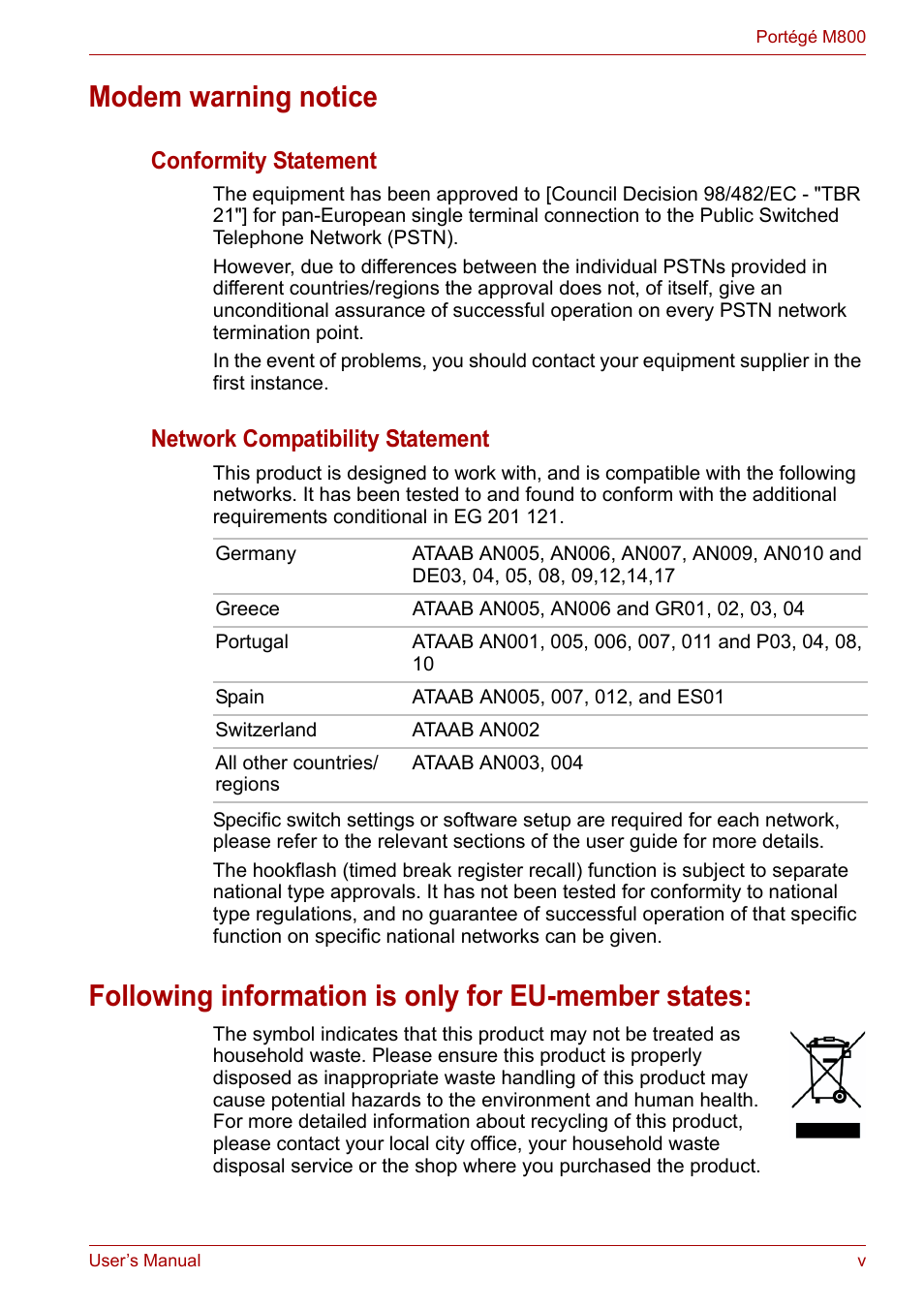 Modem warning notice, Following information is only for eu-member states, Conformity statement | Network compatibility statement | Toshiba Portege M800 User Manual | Page 5 / 177