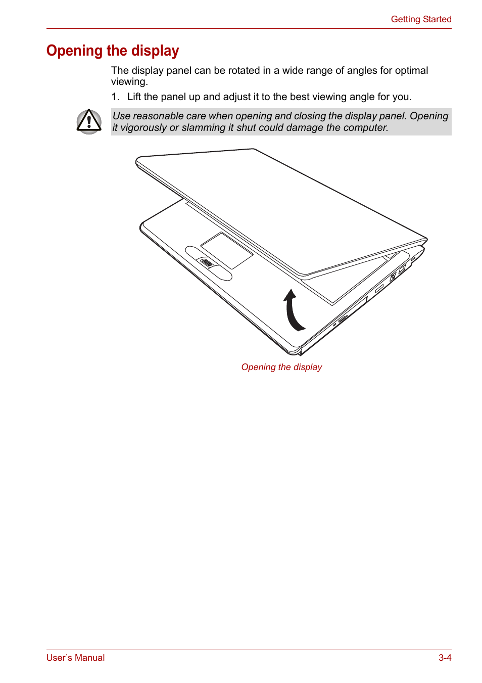 Opening the display, Opening the display -4 | Toshiba Portege M800 User Manual | Page 53 / 177