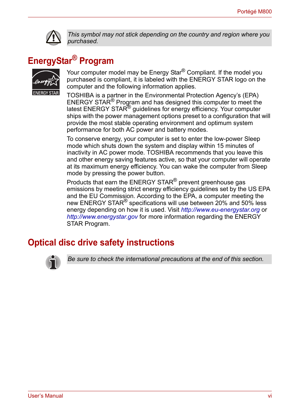 Energystar, Program, Optical disc drive safety instructions | Toshiba Portege M800 User Manual | Page 6 / 177