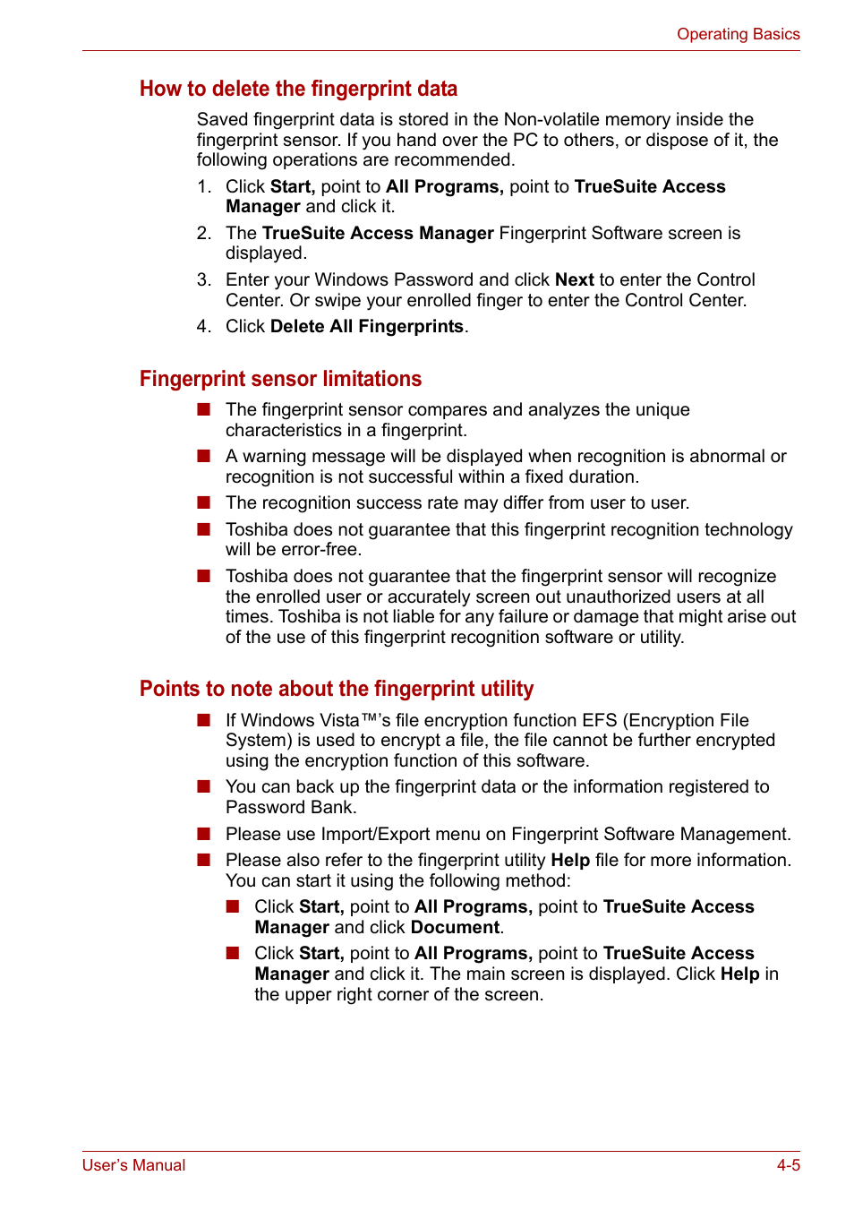 How to delete the fingerprint data, Fingerprint sensor limitations | Toshiba Portege M800 User Manual | Page 66 / 177