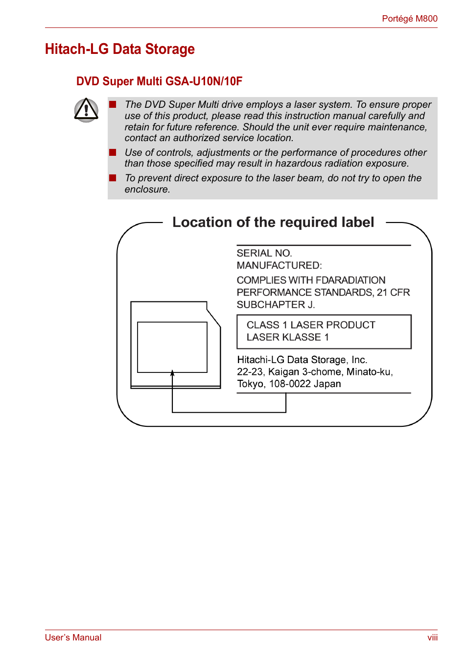 Hitach-lg data storage, Dvd super multi gsa-u10n/10f | Toshiba Portege M800 User Manual | Page 8 / 177