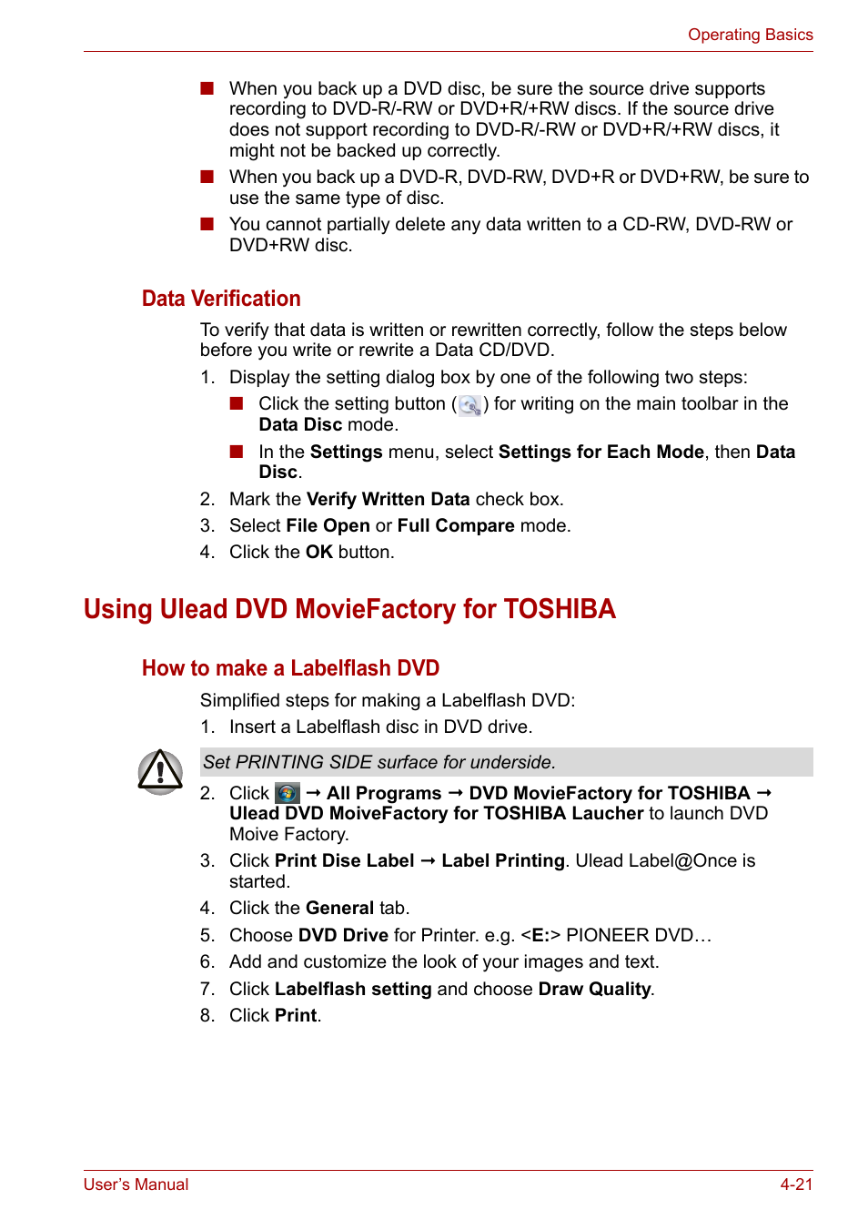 Using ulead dvd moviefactory for toshiba, Data verification, How to make a labelflash dvd | Toshiba Portege M800 User Manual | Page 82 / 177