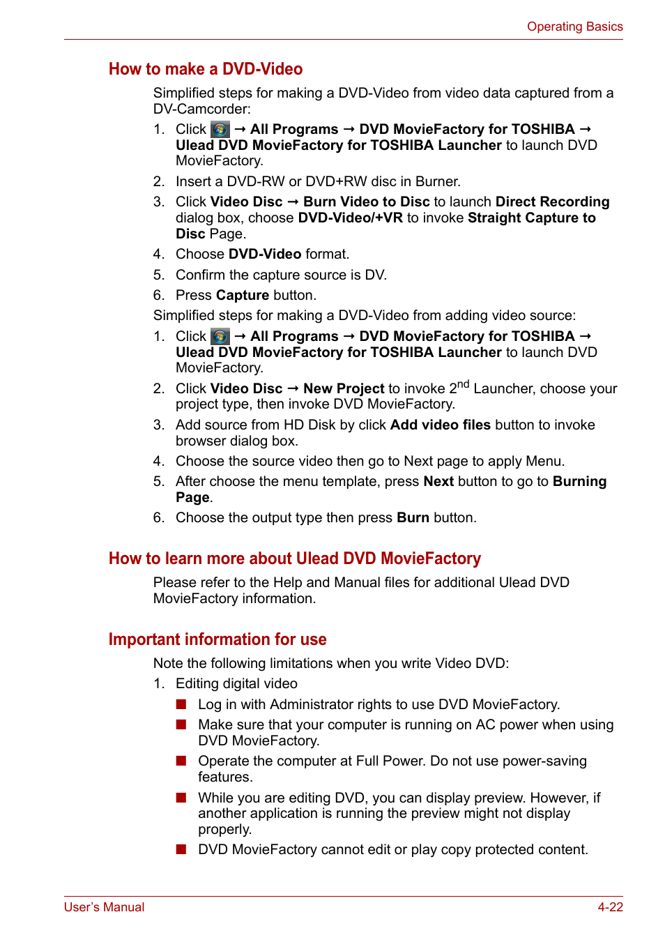 How to make a dvd-video, How to learn more about ulead dvd moviefactory, Important information for use | Toshiba Portege M800 User Manual | Page 83 / 177