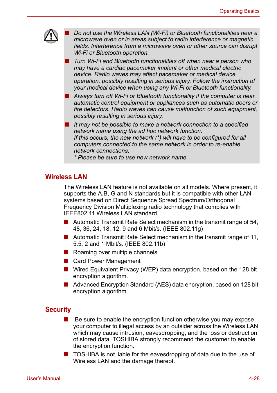 Wireless lan, Security | Toshiba Portege M800 User Manual | Page 89 / 177