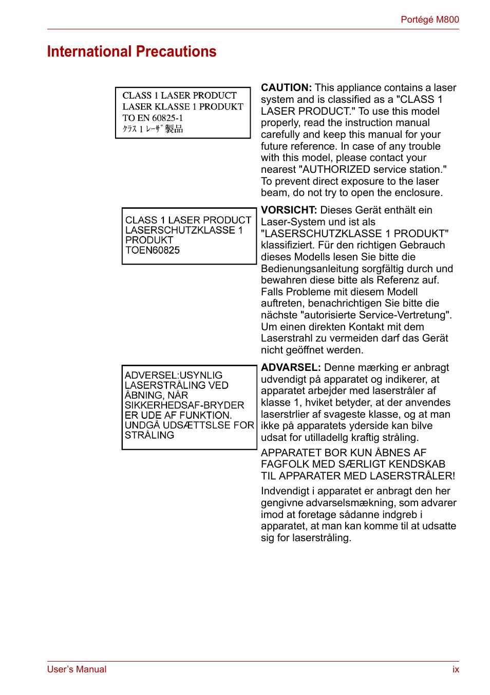 International precautions | Toshiba Portege M800 User Manual | Page 9 / 177
