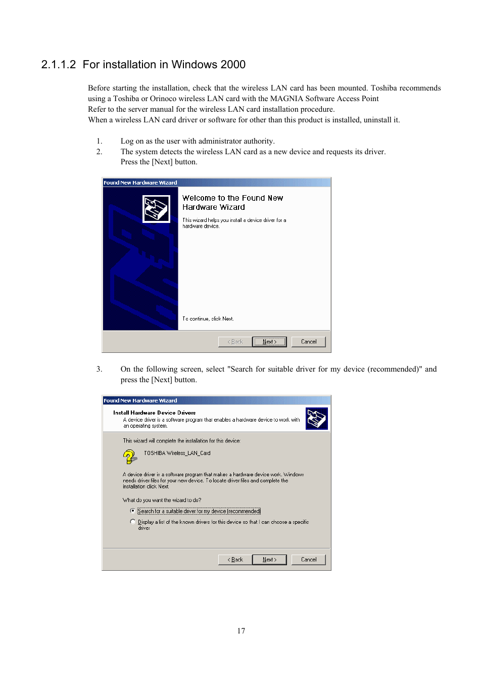 For installation in windows 2000 | Toshiba Magnia Z300 User Manual | Page 25 / 109