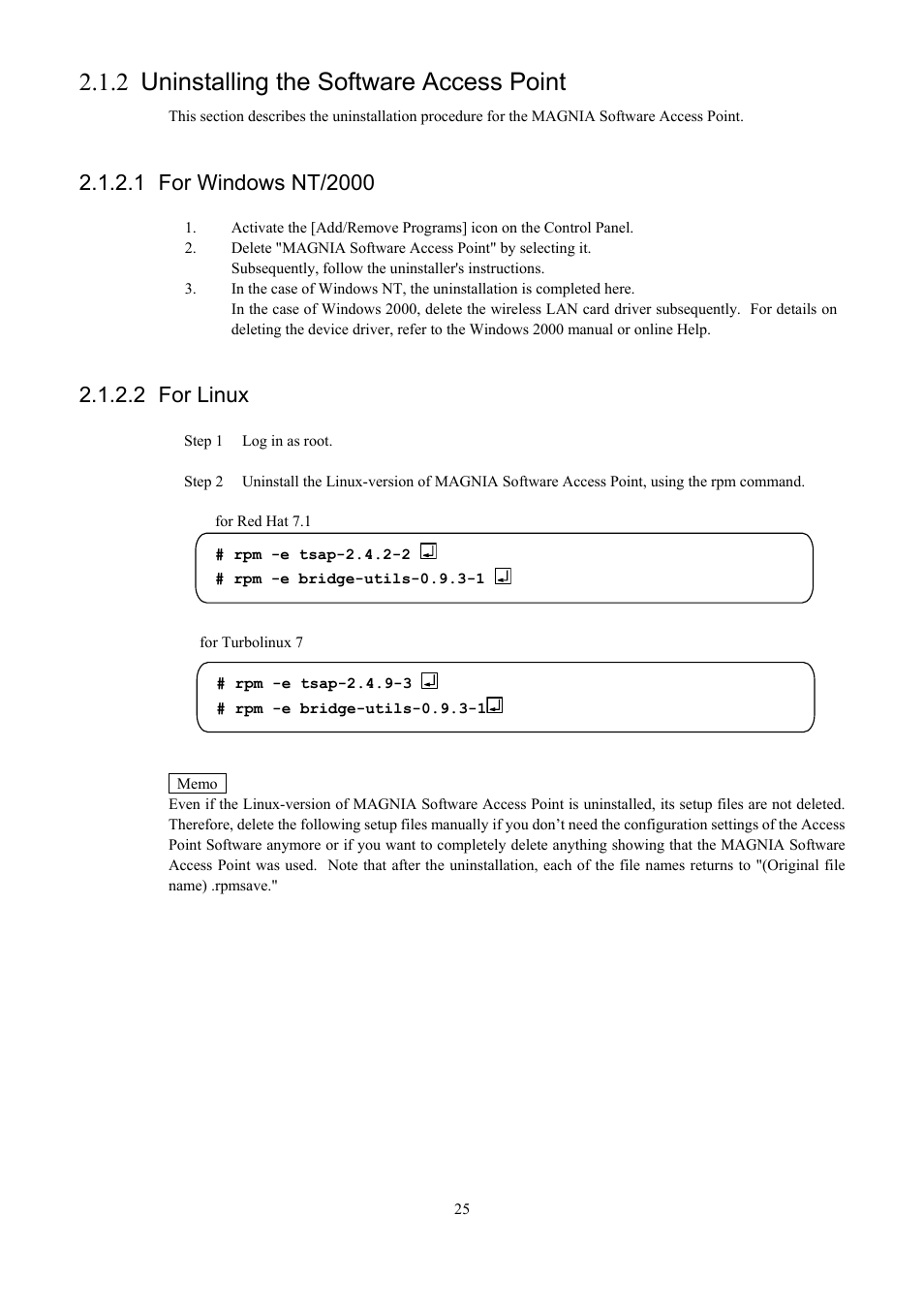 Uninstalling the software access point, For windows nt/2000, For linux | 2 uninstalling the software access point, 2 for linux | Toshiba Magnia Z300 User Manual | Page 33 / 109