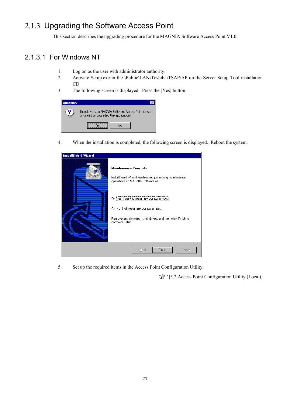 Upgrading the software access point, For windows nt, 3 upgrading the software access point | 1 for windows nt | Toshiba Magnia Z300 User Manual | Page 35 / 109