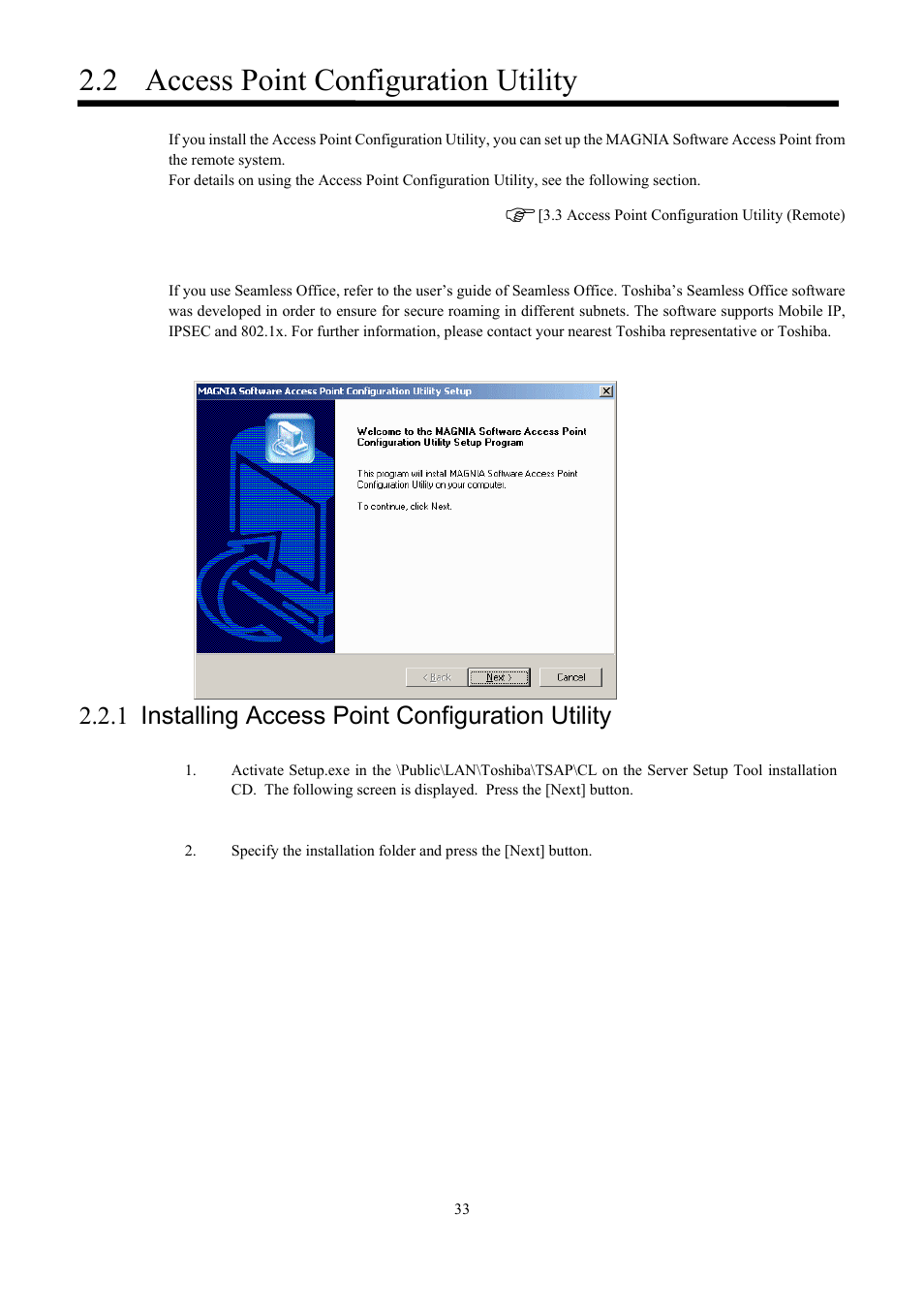 Access point configuration utility, Installing access point configuration utility, 2 access point configuration utility | 1 installing access point configuration utility | Toshiba Magnia Z300 User Manual | Page 41 / 109