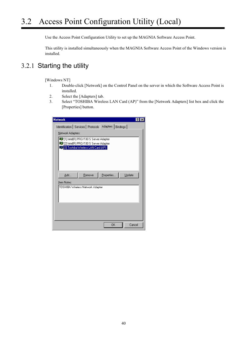 Access point configuration utility (local), Starting the utility, 2 access point configuration utility (local) | 1 starting the utility | Toshiba Magnia Z300 User Manual | Page 48 / 109