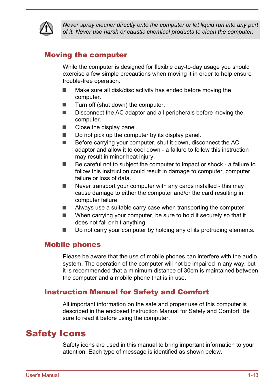 Moving the computer, Mobile phones, Instruction manual for safety and comfort | Safety icons, Safety icons -13 | Toshiba Satellite M50D-A User Manual | Page 16 / 116
