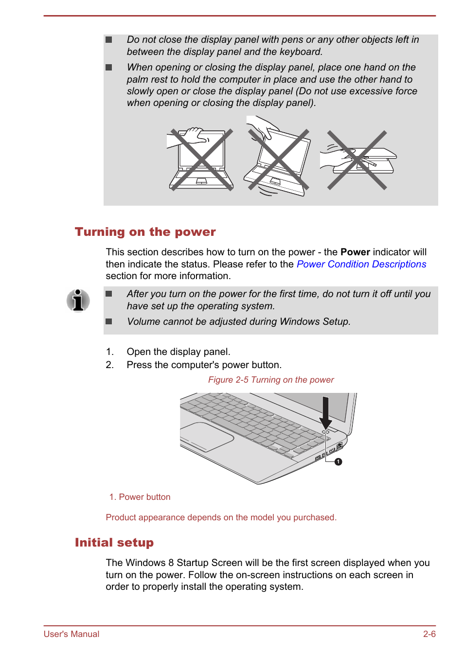 Turning on the power, Initial setup | Toshiba Satellite M50D-A User Manual | Page 23 / 116