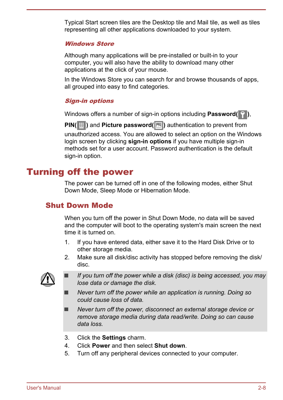 Turning off the power, Shut down mode, Turning off the power -8 | Toshiba Satellite M50D-A User Manual | Page 25 / 116