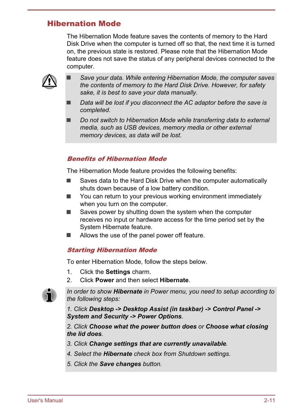 Hibernation mode | Toshiba Satellite M50D-A User Manual | Page 28 / 116