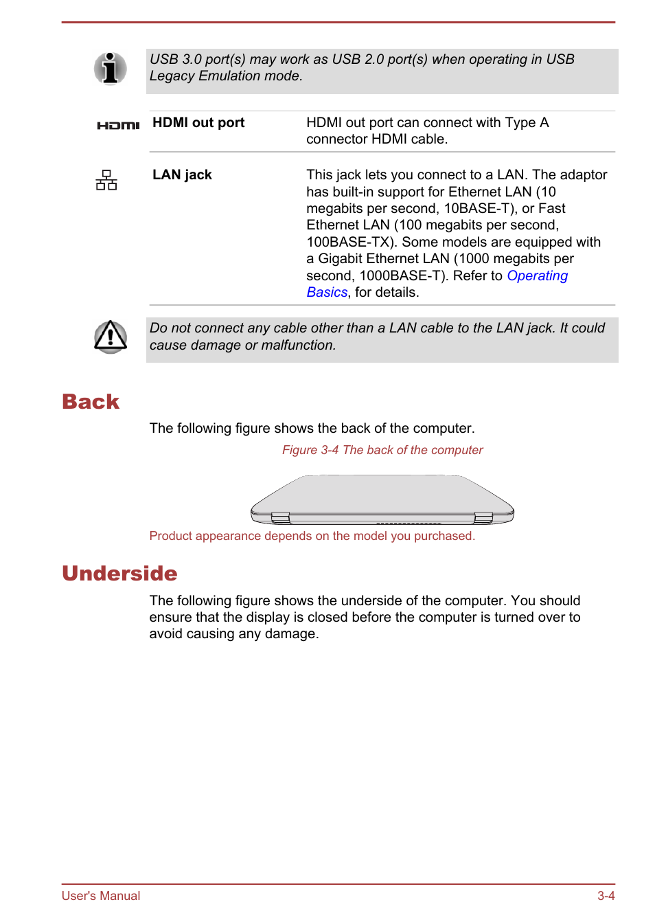 Back, Underside, Back -4 underside -4 | Toshiba Satellite M50D-A User Manual | Page 33 / 116