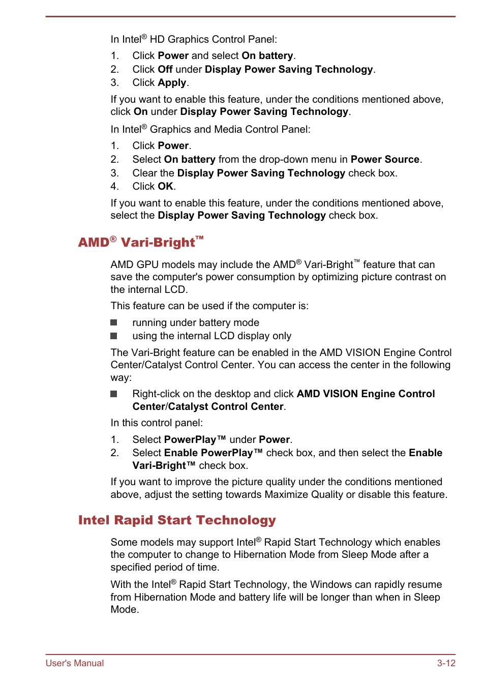 Amd® vari-bright, Intel rapid start technology, Vari-bright | Toshiba Satellite M50D-A User Manual | Page 41 / 116