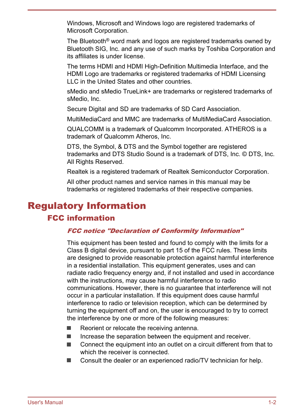 Regulatory information, Fcc information, Regulatory information -2 | Toshiba Satellite M50D-A User Manual | Page 5 / 116