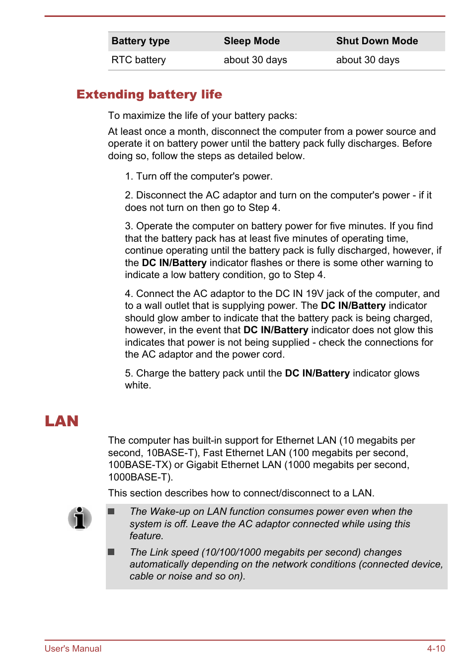 Extending battery life, Lan -10 | Toshiba Satellite M50D-A User Manual | Page 55 / 116