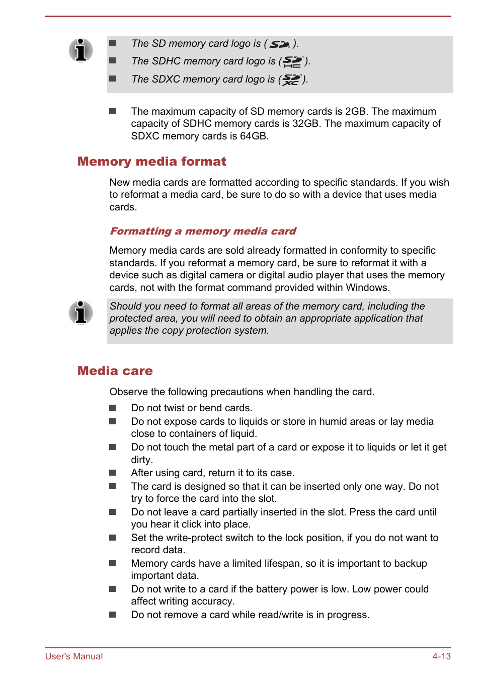 Memory media format, Media care | Toshiba Satellite M50D-A User Manual | Page 58 / 116