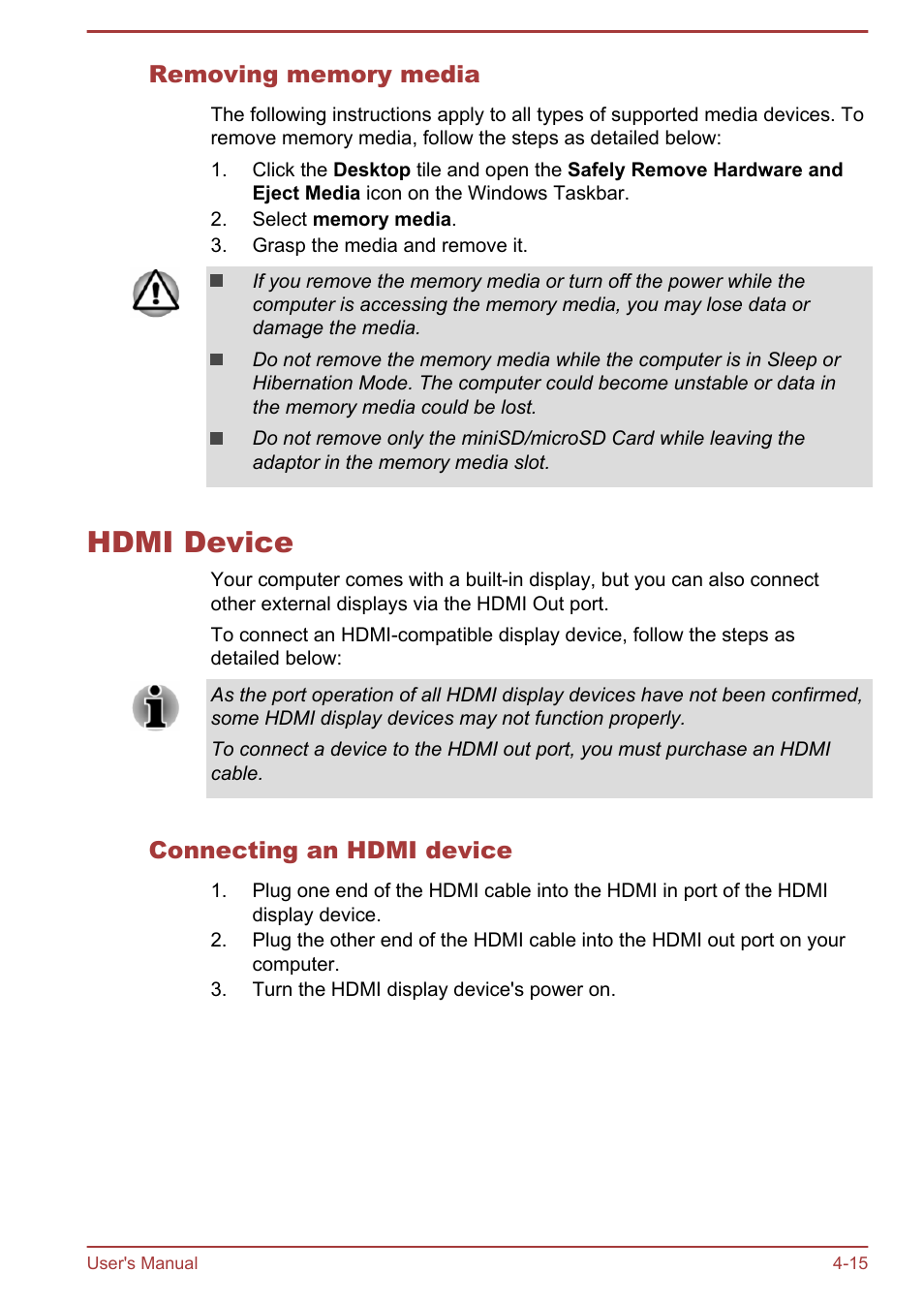 Removing memory media, Hdmi device, Connecting an hdmi device | Hdmi device -15 | Toshiba Satellite M50D-A User Manual | Page 60 / 116