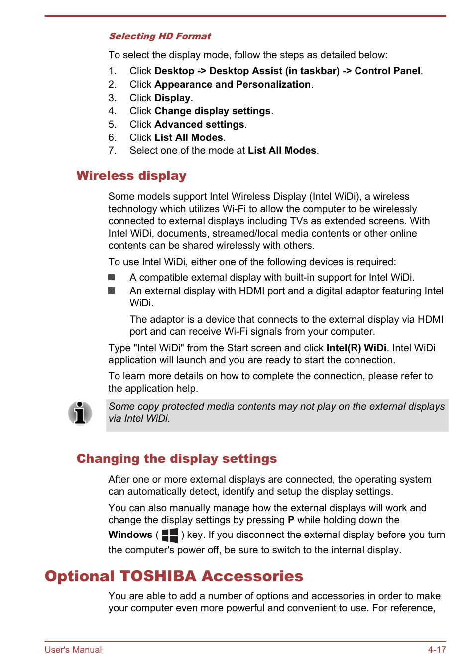 Wireless display, Changing the display settings, Optional toshiba accessories | Optional toshiba accessories -17 | Toshiba Satellite M50D-A User Manual | Page 62 / 116