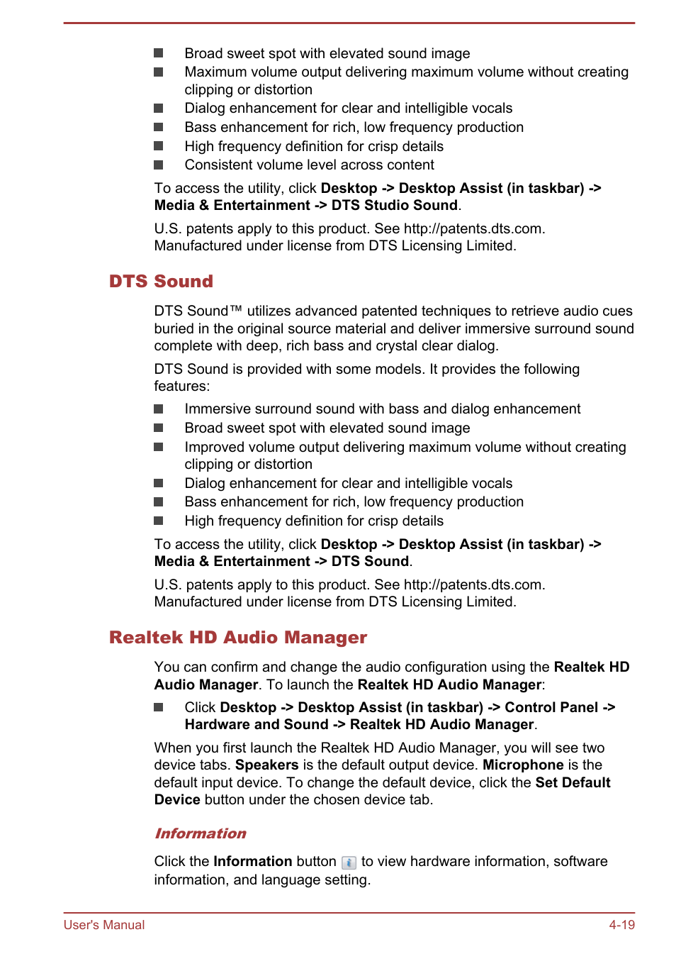 Dts sound, Realtek hd audio manager | Toshiba Satellite M50D-A User Manual | Page 64 / 116